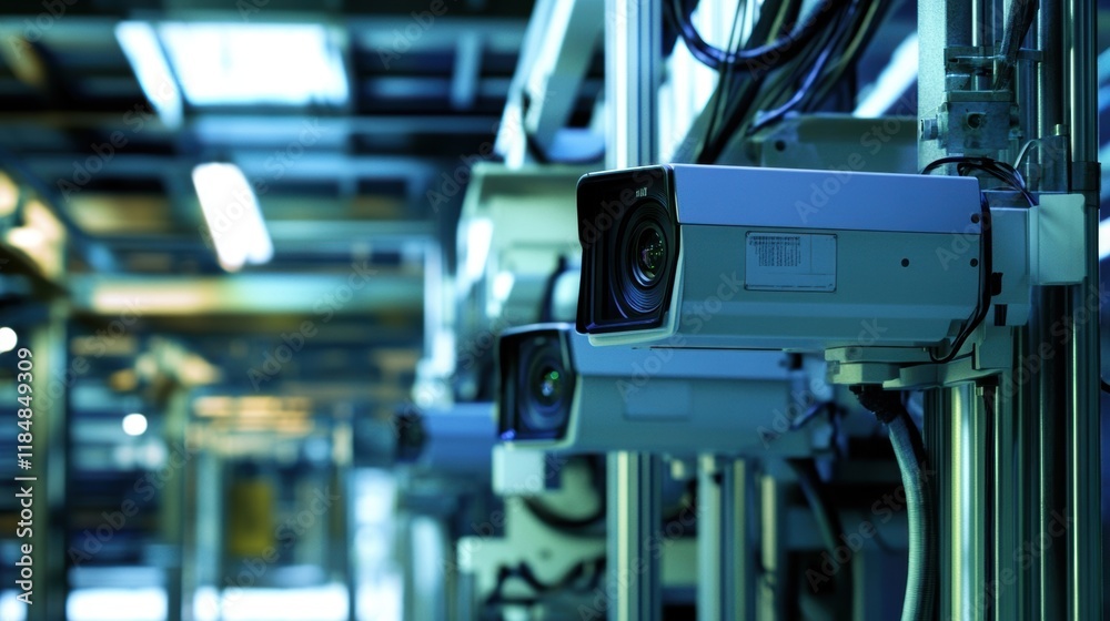 Poster multiple security cameras monitoring a manufacturing process inside a large factory, capturing every