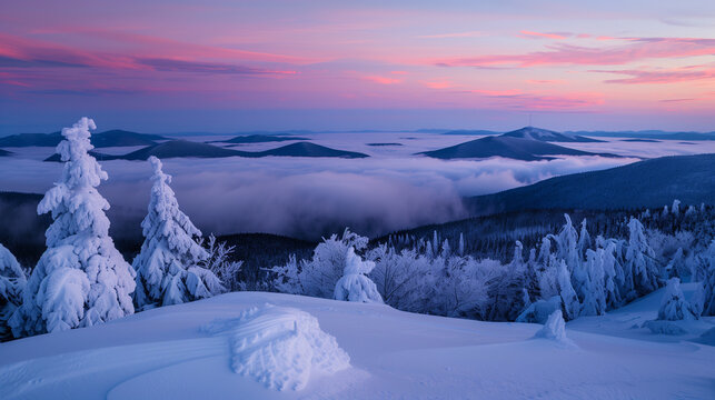 A photograph of the view from an alpine mountain top at night. Snow-covered mountains with fog below and a pink sunset sky. Beautiful winter landscape, romantic sunset or sunrise with snowy mountains. - Powered by Adobe
