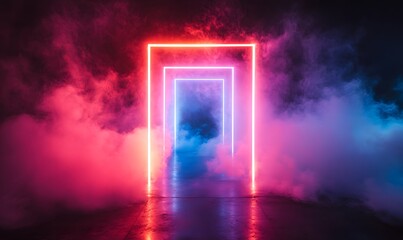 showcased under neon spotlights on the dark stage