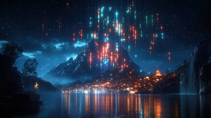 Obraz premium Mountain village night digital rain fantasy