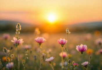 Obraz premium Sunset Meadow Landscape with Blooming Wildflowers at Golden Hour
