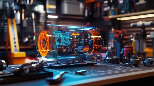 Futuristic electric motor hologram projected on desk in workshop setting with tools and components showcasing advanced manufacturing technologies and innovative engineering design
