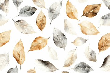 Seamless watercolor leaves pattern in beige and gray shades on white background