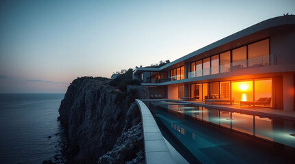 A luxurious cliffside villa with modern design, featuring an infinity pool that overlooks breathtaking sunset views, offering the perfect blend of elegance and tranquility