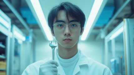 Engineer Holding Wrench in Bright Mechanical Assembly Space