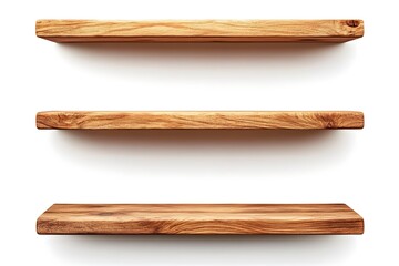 Three rustic wooden shelves, white background, product display