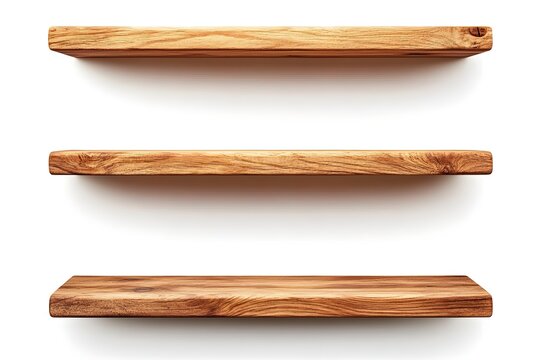 Three rustic wooden shelves, white background, product display
