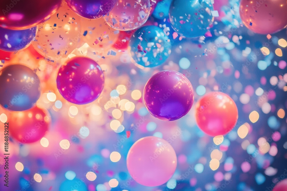 Poster festive balloons and colorful confetti create a vibrant atmosphere for celebrating special occasions