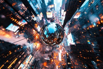Iconic New Years Eve ball drop in Times Square captures the moment of descent over the vibrant city lights