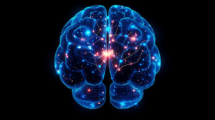 digital brain with glowing neural connections and blue dots showcasing ai technology, neural network, and artificial intelligence concepts
