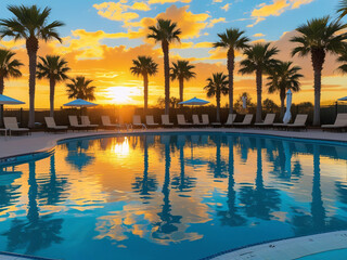 The luxurious setting features an umbrella and chair arrangement around a sparkling outdoor swimming pool, framed by towering coconut palm trees