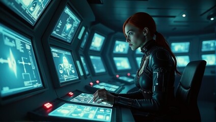 woman dressed in a sleek, futuristic outfit is deeply focused on a series of complex control panels in a dark, high-tech room. Glowing screens display intricate data and graphics