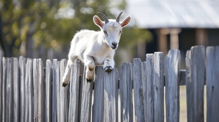Goat Climbing Over Rustic Wooden Fence in Sunlight