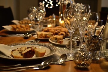 Fototapeta premium Festive New Years Eve dinner table set with gourmet food and sparkling drinks in an elegant setting