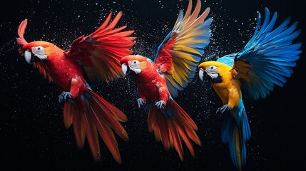 Fototapeta premium Three vibrant macaws in flight, splashing water, dark background.
