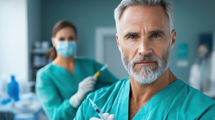 Two healthcare workers in scrubs are readying syringes for vaccinations. One professional focuses on the camera while another prepares in the background. setting is well-lit and organized