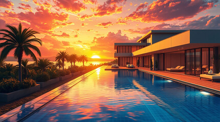 A luxurious villa's outdoor pool terrace presents an incredible panoramic view of a lush tropical landscape, enhancing the villa's serene and opulent atmosphere
