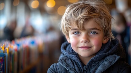 young boy with tousled blonde hair smiles warmly while standing in a well-lit indoor space filled with colorful books. inviting atmosphere creates a cheerful vibe