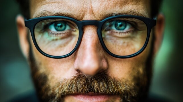 Close-up portrait of a man with blue eyes and beard wearing glasses