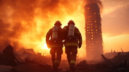 Fototapeta premium Two courageous firefighters approach a massive fire consuming a damaged high-rise building, silhouetted against a dramatic sunset, showcasing their bravery and dedication to battling the blaze
