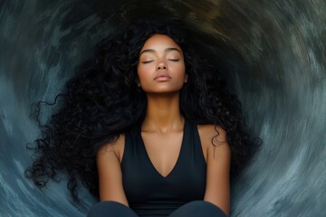Fototapeta premium Long hairdo - curly hair. Gorgeous calm black girl - for ads, media and social platforms use. Commercial ad campaign concept art graphic design idea. Black model photography. Black elegance.
