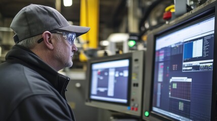 Factory supervisor wearing safety glasses and baseball cap monitoring production line on computer screens, ensuring smooth operation and quality control in manufacturing process