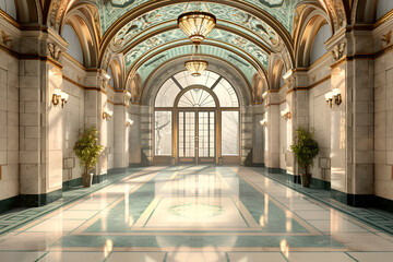 Obraz premium Elegant interior of a grand hall with marble floors, ornate arches, and decorative lighting