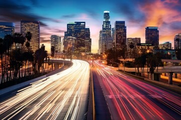 Obraz premium Freeway light trails leading to illuminated downtown los angeles skyline at dusk with colorful sky