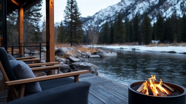 A fire pit sitting on top of a wooden deck next to a river