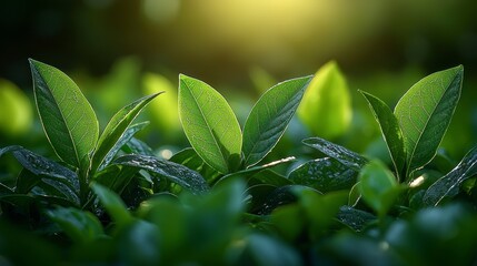 Lush green tea leaves illuminated by sunlight, showcasing vibrant foliage and morning dew.