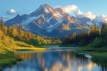 Dramatic landscape of mountains, dense forest, and winding river