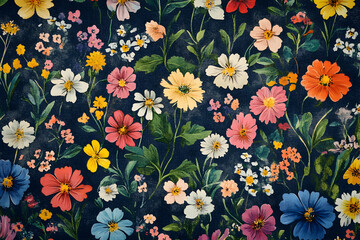Vintage-inspired fabric pattern with wildflowers in various colors, offering intricate detailing for decorative designs