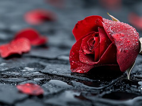 A single red rose with water droplets on it