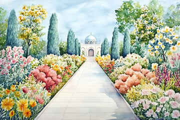 Watercolor illustration of a Mughal garden with exquisite floral designs on a white background