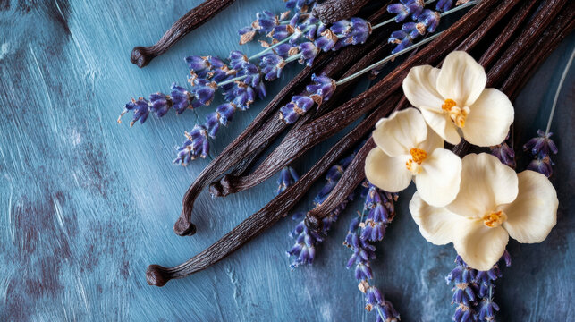 Beautiful arrangement of vanilla pods and lavender flowers on a textured blue background for a calming atmosphere