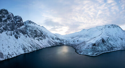 Aerial panoramic image of a fjord near Torsken, Norway