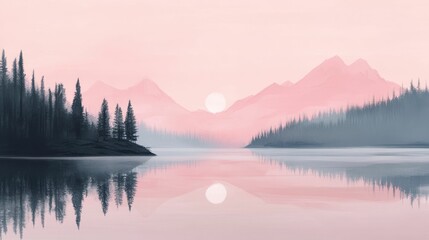 Fototapeta premium Pink sunrise, tranquil lake, trees, mountain reflections.