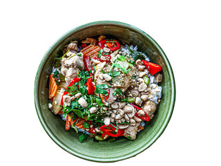 red Thai chicken Curry dish with rice and garnish cilantro and chili pepper, vegetables in pastel green bowl in center on white background, top down, close up, vertical shot, copy space