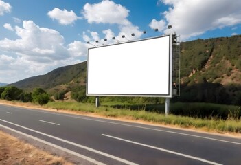 Empty billboard providing advertising space next to a highway with a mountain view under a cloudy blue sky