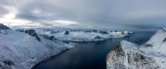 Aerial view from Traelvika to the village of Husoy in Norway © DVS - Drone Visuals