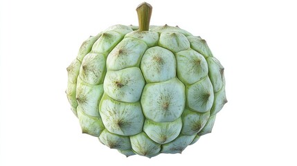 Fototapeta premium Close-up view of a whole custard apple, showcasing its unique texture and vibrant green hue against a clean white background