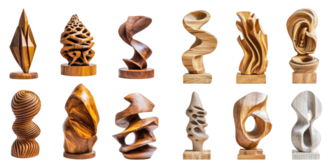 Different wooden sculptures isolated on transparent background, Set of