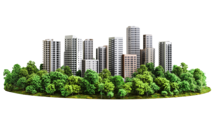 Miniature High-Rise Buildings with Greenery on Circular Base PNG
