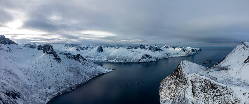 Aerial view from Traelvika to the village of Husoy in Norway
