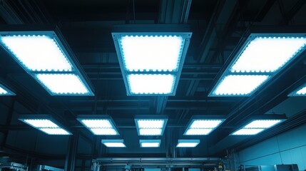 Rows of bright led panel lights illuminating a modern manufacturing facility create an efficient and well lit workspace, enhancing productivity and showcasing advanced industrial design