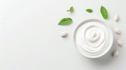 Bowl of creamy yogurt in wooden dish, minimalistic design, top view food styling, healthy dairy product, isolated on white background, simple composition, copy space for text.

