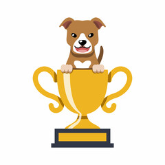 Cartoon character pit bull terrier dog with gold trophy cup award for design.