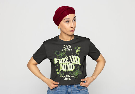 Middle Eastern Woman Showcasing T-Shirt Design for mockup