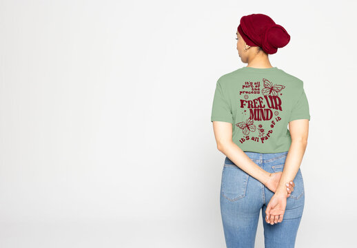 Middle Eastern Woman Wearing a T-Shirt Mockup. Back view