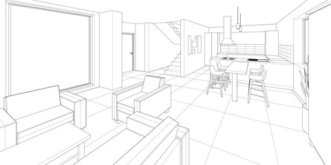 interior kitchen living room 3d illustration	